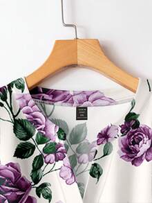 EMERY ROSE Plus Size Women Floral Print Roll-Up Sleeve Shirt And Wide Leg Pants Casual 2 Pieces Set - Purple - View 4