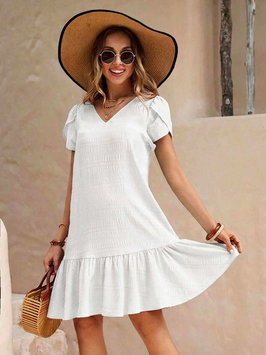 SHEIN Clasi 女士休闲纯色荷叶边连衣裙 - 白色 - 查看 1
