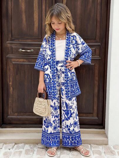 SHEIN Tween Girl 1pc Floral Print Kimono & 1pc Pants,Kids