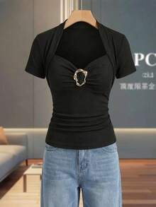 Gownix Women's Elegant Black Summer T-Shirt, Date Night Decorative Button Hollow Out Scallop Trim Ribbed Corset Top, Casual Short Sleeve Body Blouse - Black - View 3