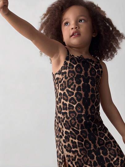 Young Girl Casual Street Fashion Leopard Print Camisole Dress, Tank Top Dress, Leopard Print Dress, Cute 4 Years Old Girl, 5 Years Old Girl,Summer, Vacation, Summer Vibes, Summer Outfits, Casual, Comfy Dress, Leopard Print Dress Kids Kids Dresses Young Girl Dresses Bodycon Dress For Kids Maxi Dress For Kids