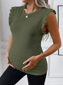 SHEIN 孕妇夏季纯色荷叶边领修身T恤 - 軍綠色 - 查看 3