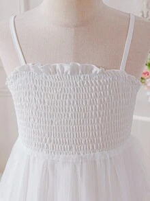 SHEIN Glamorique Kids 年轻女孩优雅端庄的白色无袖吊带收腰奢华可爱白色刺绣网纱蓬蓬裙正式礼服 - 白色 - 查看 5