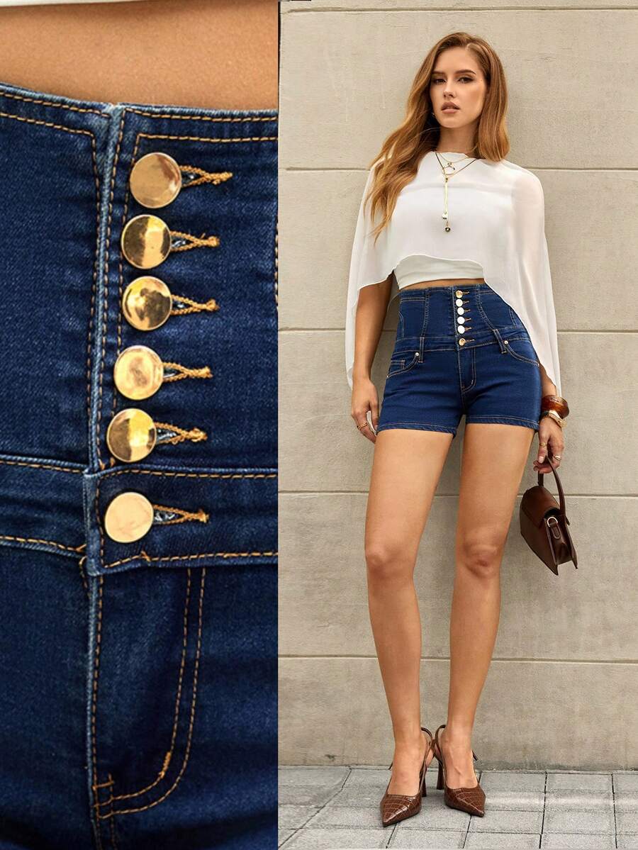 Selenza Women's Elastic Waist Lifting Slimming Sexy Fitted High-Waisted Denim Shorts Summer - Dark Wash - View 1