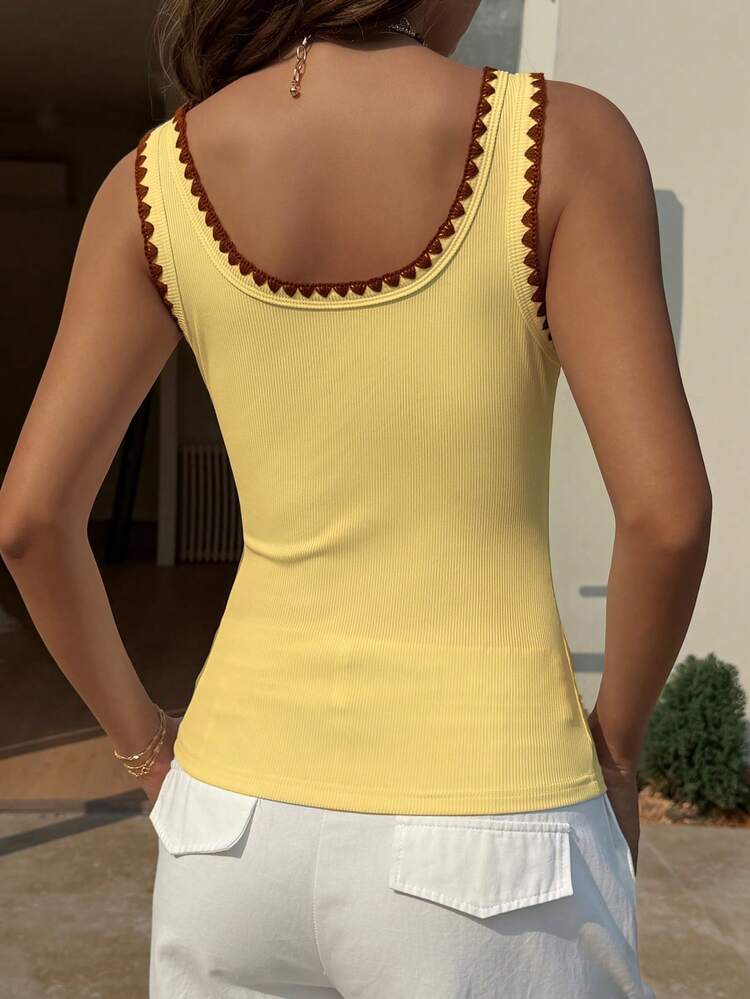 Yellow Contrast Trim Casual Fitted Women Tank Top, Spring & Summer