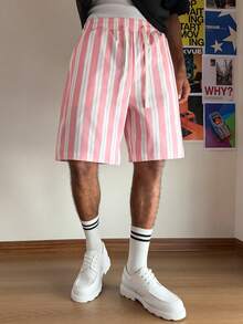 TOKVUE Quần short nam dáng rộng, kẻ sọc, có dây rút ở eo và túi. - Màu Hồng baby - Xem 5