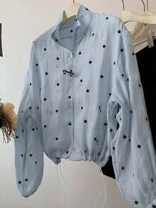 INAWLY 女士休闲波点拉链抽绳下摆轻薄外套，春季 - 藍色 - 查看 6