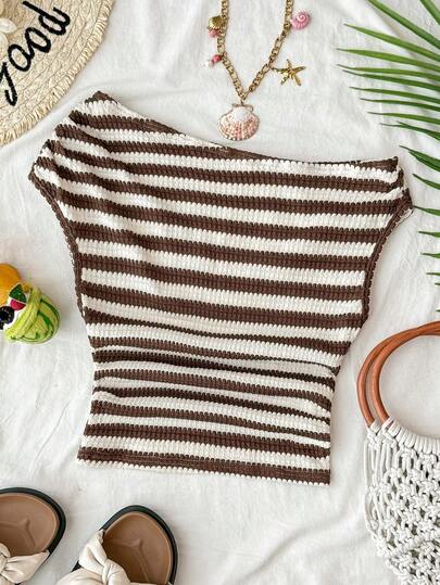 SHEIN 少女夏季休闲度假条纹露肩褶皱腰部T恤