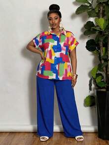 SHEIN CURVE+ Curve 尺码 US22 音乐节、海滨度假、波西米亚风两件套，AB 色印花衬衫和纯色裤子，度假 - 彩色 - 查看 5