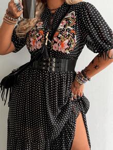 Whyspr Plus Size Polka Dot Embroidered Vacation Dress, Spring/Summer - Black - View 4