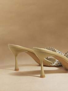 Rosivie Damen Schuhe mit quadratischer Zehenkappe, dünner hoher Absatz, apricotfarbener Geflecht-Slip-On, elegante französische Damen Hochabsatz Sandalen Pantoffeln, vielseitig tragbar für Röcke, Alltag und Bankette - Aprikosenfarben - Übersicht 9