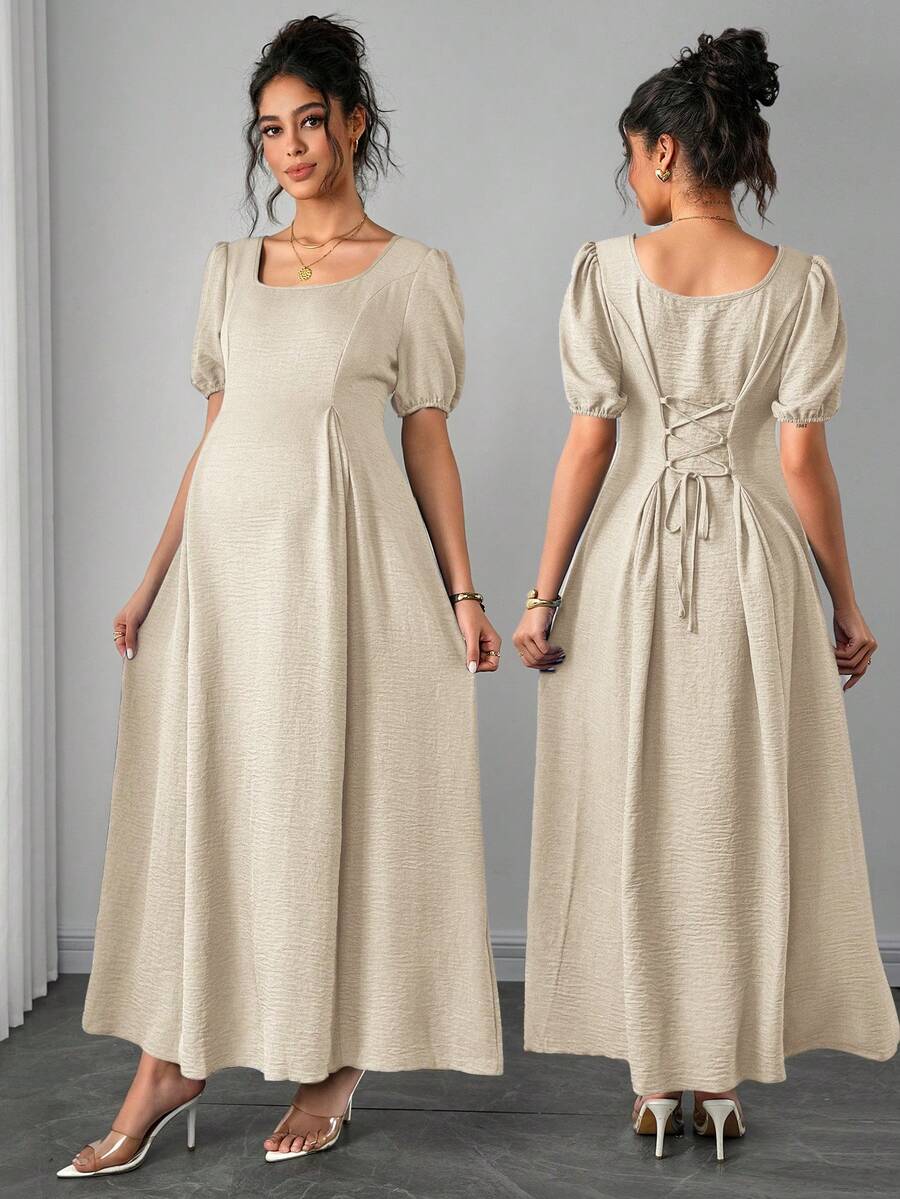 SHEIN Asymmetric Shoulder Ruched Waist A-Line Elegant Romantic Maternity Dress, Comfortable - Apricot - View 1