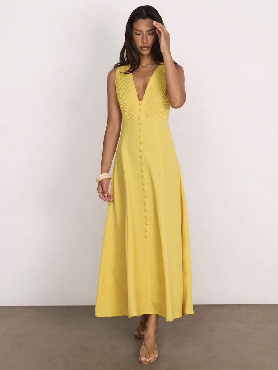 COSMINA Women's Elegant Deep V-Neck Sleeveless Button-Up Dress, Versatile For Commute, Office, Outings, Spring Dates - Yellow - View 1