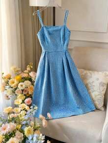 Franclia Đầm ngắn không tay, xếp ly eo, họa tiết kẻ caro xanh dương, thanh lịch và quyến rũ, phù hợp cho mùa xuân, hè, thu, đông, hẹn hò, đi chơi, đi làm, nghỉ mát, công sở, văn phòng, đa năng, mặc hàng ngày, thể hiện sự duyên dáng và thanh lịch, thích hợp đi biển. - Màu xanh lam - Xem 1