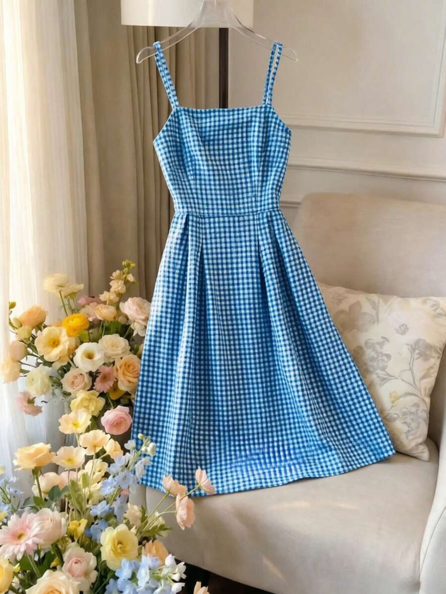 Franclia Đầm ngắn không tay, xếp ly eo, họa tiết kẻ caro xanh dương, thanh lịch và quyến rũ, phù hợp cho mùa xuân, hè, thu, đông, hẹn hò, đi chơi, đi làm, nghỉ mát, công sở, văn phòng, đa năng, mặc hàng ngày, thể hiện sự duyên dáng và thanh lịch, thích hợp đi biển. - Màu xanh lam - Xem 1