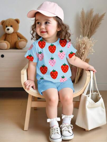 2 st/set babyflicka casual söt sommar jordgubbsfrukttryck t-shirt och leggings set, lämplig för vardagsbruk, semester, utflykter, Y2K-stil, söt