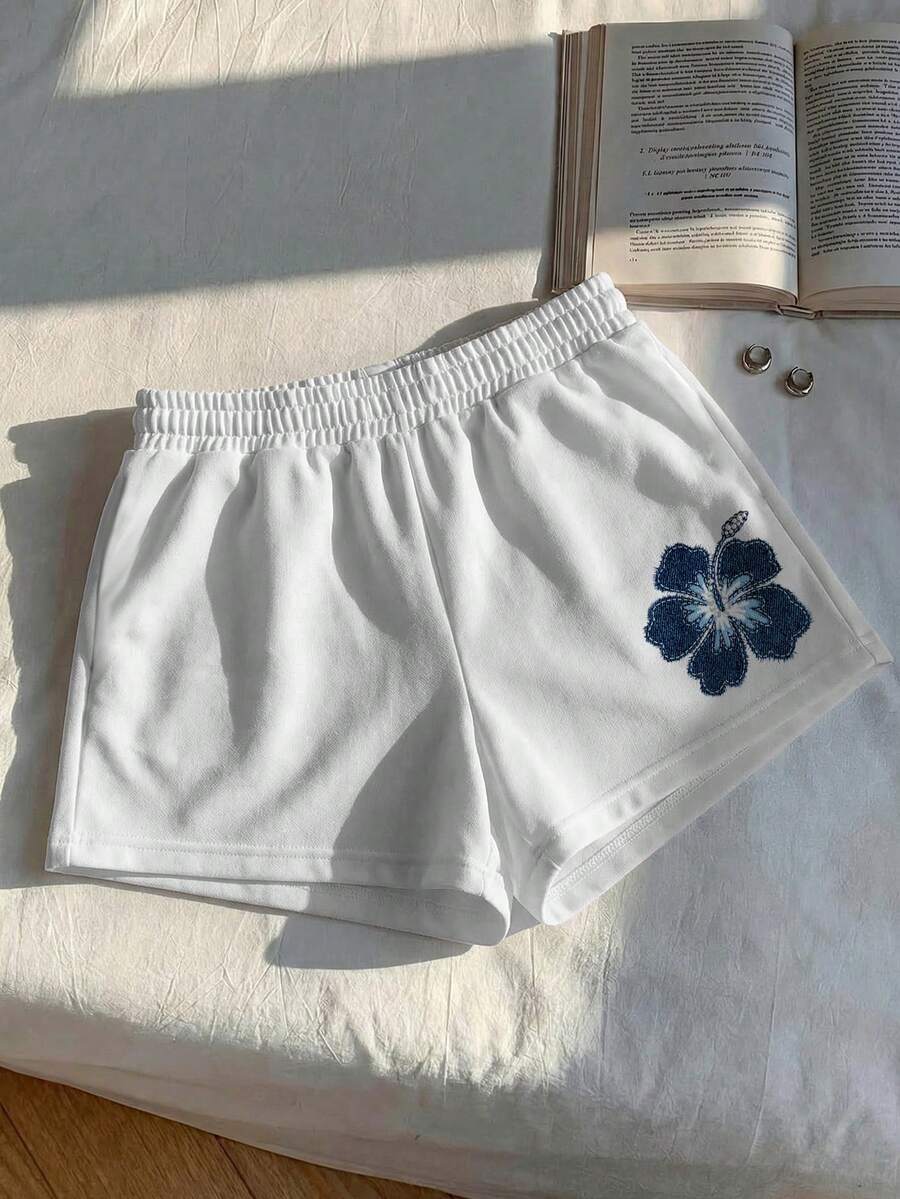 Comfortcana Women's 75% Cotton Hibiscus Printed Mid-Waist Loose Shorts,Blue And White Flower Summer Casual Home,Beach Vacation,Outdoor Travel,Party,Chic Shorts - Multicolor - View 1