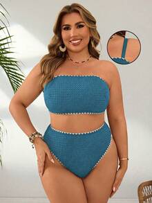 Swim Vcay Plus Size Women's 2pcs Solid Color Spaghetti Strap Shell Trim Sexy High Waist Triangle Bikini Swimwear, Casual Vacation - Baby Blue - View 4