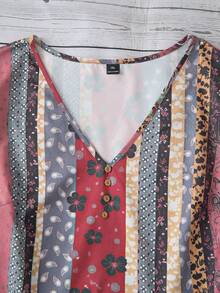 Rusticease Plus Size Women Floral Print Short Sleeve Button Design Casual Shirt,Pink And Grey,Summer,Boho,Vacation,Spring Festival Holiday Country Style Tops - Multicolor - View 3