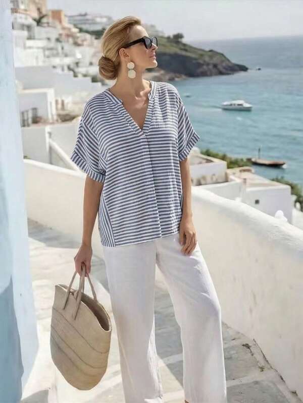 Parysyn Blue And White Striped Smart Casual Women's Summer Vacation Shirt,Holiday Plus Size Woven Simple Clothes,Yacht Santorini Coastal Outfits Women