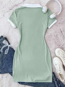 Sage Green,Summer,Elegant,Graduation,Back-To-School Kids Teen Girls Contrast Collar Ribbed Knit Butterfly Embroidery Snug Fit Casual Button Dress - Mint Green - View 2