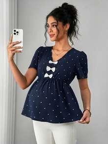 Momance Navy Blue Summer Maternity Top,Fairy Baby Shower Blouse,V-Neck Bow Decor A-Line Hem Polka Dot Print Short Sleeve Clothes For Pregnant Women,Business - Navy Blue - View 4