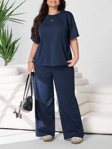 Solflare Plus Size Women 2pcs Set - Round Neck Short Sleeve Top And Wide Leg Pants, Casual Daily Wear - Navy Blue - View 4
