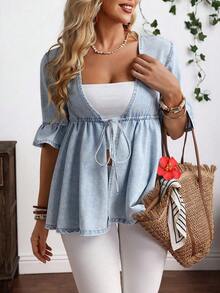 SHEIN CURVE+ Plus Size Summer Casual Washed Front Tie Denim Jacket - Blue - View 1