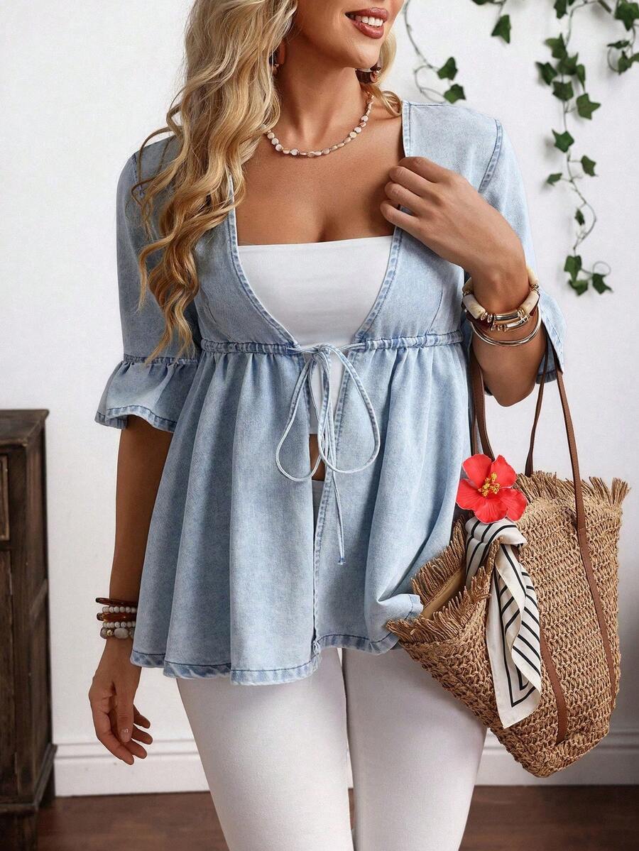 SHEIN CURVE+ Plus Size Summer Casual Washed Front Tie Denim Jacket - Blue - View 1