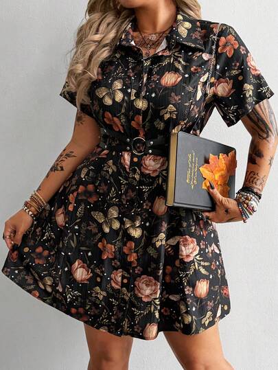 Whyspr Plus Size Women's New Vintage Casual Academic Fashion Dark Punk Textured Printed Shirt Collar Open Front A-Line Short Sleeve Dress, Suitable For Daily Wear, Office, Thanksgiving, New Year Party, Holiday, Birthday Party, Music Festival, Valentine's Day, Spring/Summer Dress, All Season Outfit