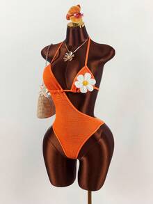 Amplova Women's One-Piece Swimsuit With 3D Floral Decor And Tie-Up Neck, Suitable For Beach Vacation, Pool Party, Beach Party Orange Summer Tropical - Apricot - View 3