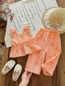 SHEIN LMoss Kids 女宝宝夏季可爱粉色条纹吊带背心和松紧腰裤套装 - 橘色 - 查看 1