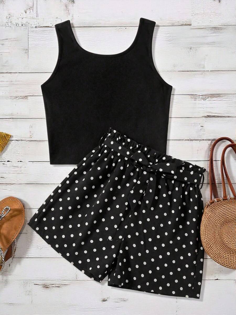 少女黑色背心豹纹纸袋短裤两件套 - 彩色 - 查看 1