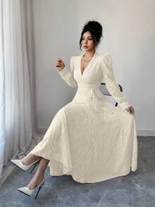 Modelyn Vestido mini con mangas de pétalos y cintura ceñida, diseño francés para mujeres - Albaricoque - Ver 5