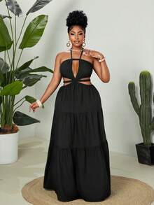 Maweii Plus Size Women Solid Color Halter Tie Ruched Casual Party Vacation Dress - Black - View 3
