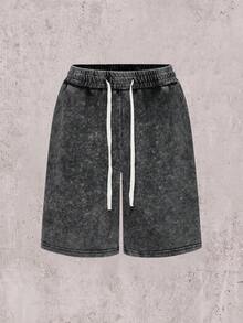 Skyrend Pantalones cortos deportivos de verano para hombres, de unicolor y lavados, con ajuste holgado y cordón en la cintura, pantalones cortos de playa con bolsillos, estilo emo y de los años 2000 - Negro - Ver 3