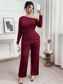 Modelyn Plus Size Women Solid Color Oblique Shoulder Long Sleeve Floral Decor Top And Pants Elegant 2 Pieces Set - Burgundy - View 5