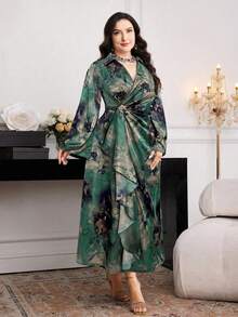 Modelyn Đầm tay dài thắt eo họa tiết hoa kim loại cỡ lớn cho nữ - Nhiều màu - Xem 4