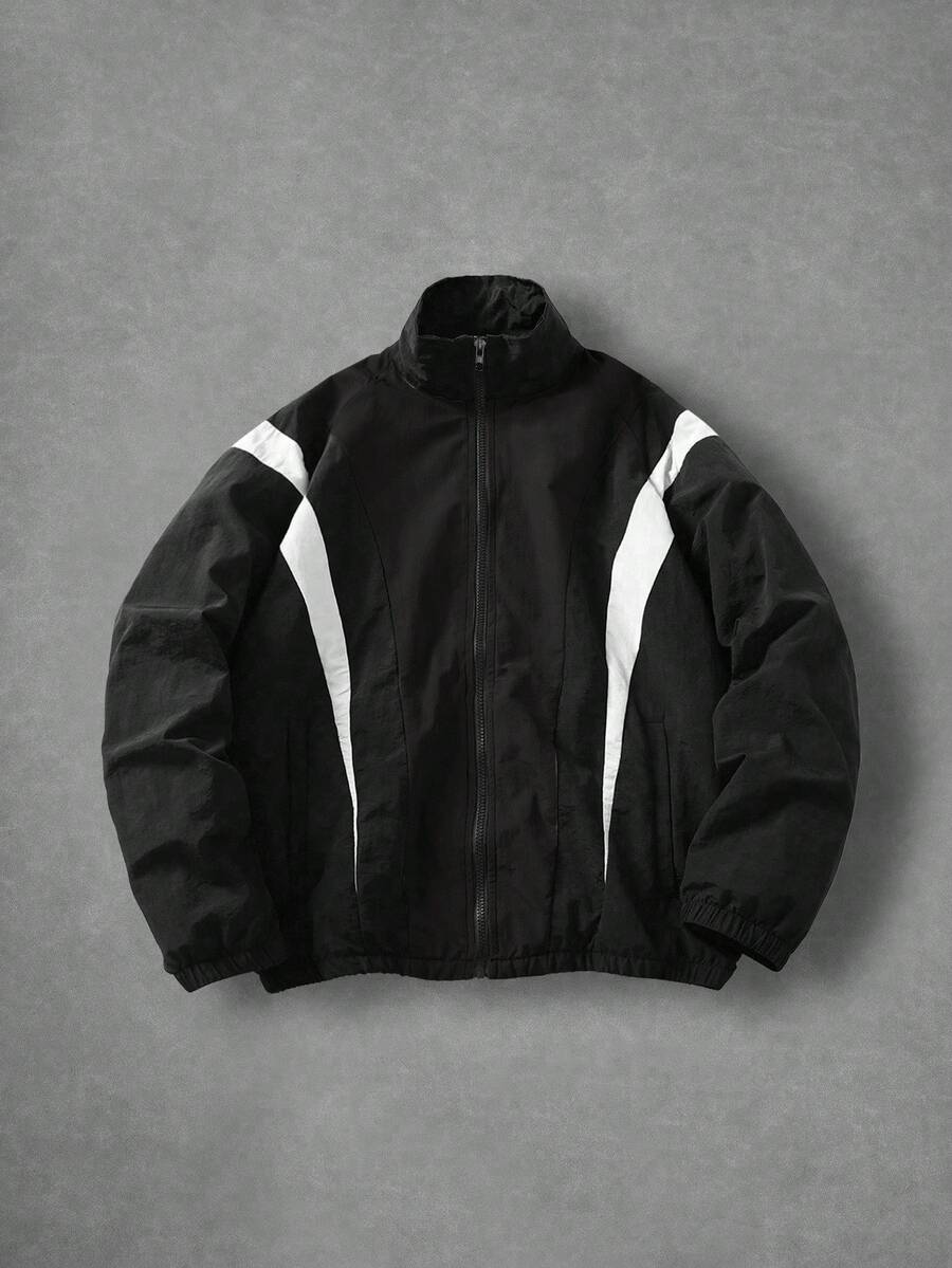 Manfinity EMRG Men's Casual Everyday Contrast Color Zip-Up Stand Collar Jacket - Black - View 1