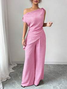 Elenzga 夏季新款韩版两件套，适合旅行和摄影，包含一件深海蓝色不对称领口上衣和一条高腰休闲裤。 - 粉色 - 查看 7