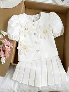 Tween Girls' Sweet Floral Applique Puff Sleeve Jacket And Pleated Mini Skirt Set, Casual Vacation & Daily Wear - Apricot - View 8
