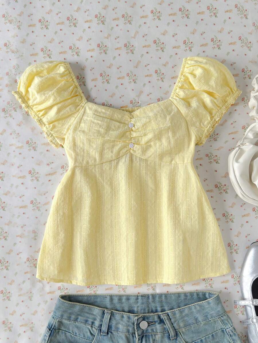 SHEIN Tween Girls' Elegant Solid Color Lace Patchwork Ruffle Collar Short Sleeve Blouse, Suitable For Spring/Summer, Vacation, Casual, Home, BM Style - Yellow - View 1