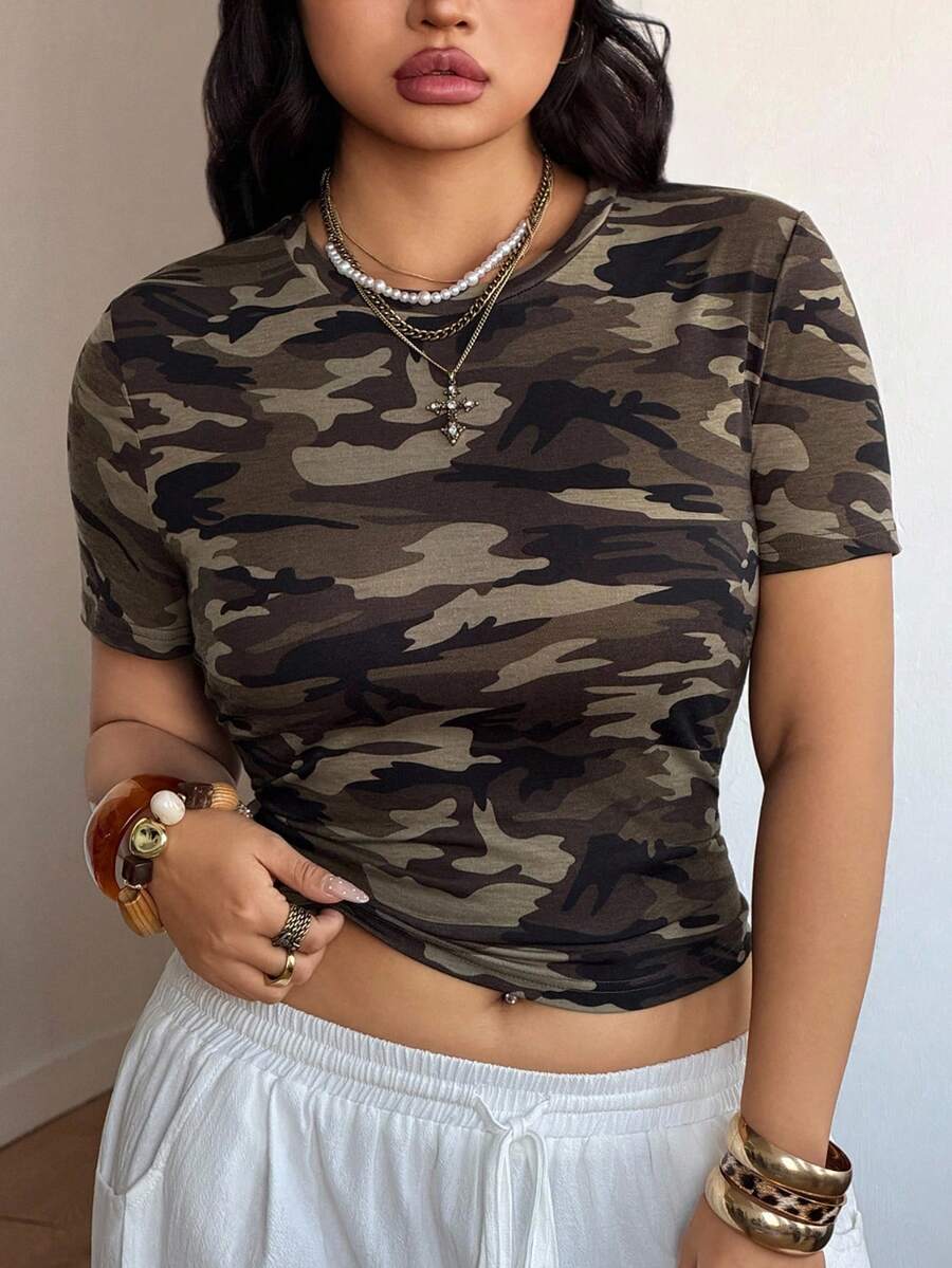 Coolane 女士加大码春夏街头休闲返校运动服短款迷彩紧身T恤 - 軍綠色 - 查看 1