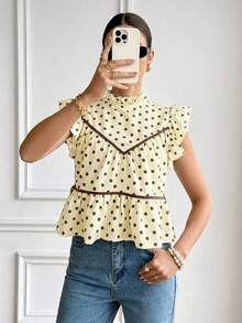 女士复古优雅波点印花荷叶边袖口上衣，夏季 - 彩色 - 查看 4