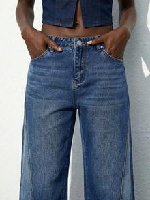 Maija Jeans rectos de pierna con bolsillos y cremallera, de uso versátil para mujer - Azul lavado medio - Ver 7