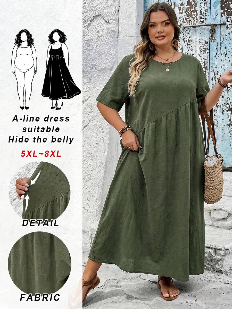 SHEIN CURVE+ Curve 尺码 US22 音乐节、海滨度假、波西米亚风女士纯色圆领短袖褶皱宽松休闲连衣裙 - 綠色 - 查看 1