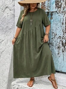 SHEIN CURVE+ Curve 尺码 US22 音乐节、海滨度假、波西米亚风女士纯色圆领短袖褶皱宽松休闲连衣裙 - 綠色 - 查看 3