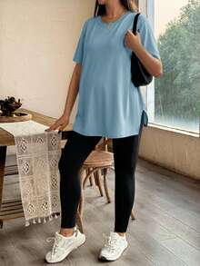 SHEIN 2 pièces Ensemble Top ample avec fente latérale et pantalon skinny pour femmes enceintes, tenue d'été décontractée - Bleu gris - Voir 3