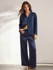 Ocili 丝滑缎面舒适宽松长袖上衣和裤子女士睡衣套装，冬季服装 - 藏蓝色 - 查看 8