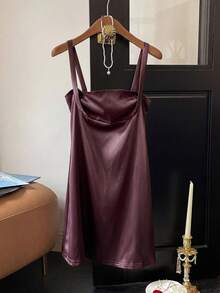 SHEIN EZwear Women Elegant Dark Brown Summer Party Dress,Solid Cami Spaghetti Strap Bodycon Mini Dress,High Quality Strappy Tube One Piece Dress - Chocolate Brown - View 5
